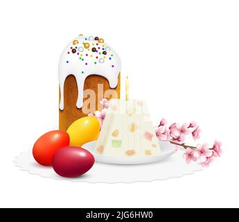 Eastern orthodox easter realistic composition with traditional sweet cake dyed eggs paskha and blooming branch vector illustration Stock Vector