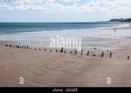 Around the UK - Timber Groynes, Sandsend Beach, North Yorkshire, UK Stock Photo