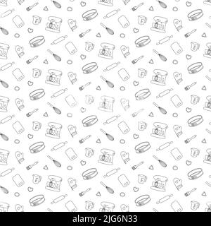 Hand drawn kitchen equipment seamless pattern. Dough making tools outline background Stock Vector