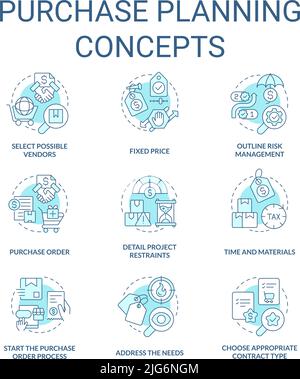 Purchase planning turquoise concept icons set Stock Vector