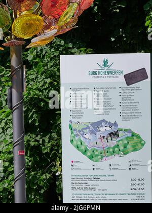 Information board under Hohenwerfen medieval rock Castle in Austria Stock Photo