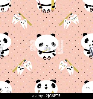 Kawaii panda and teeth kids dental health care vector educational seamless pattern background. Cute cartoon bears brushing teeth on pink polka dot Stock Vector