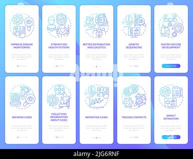 Disease monitoring blue gradient onboarding mobile app screen set Stock Vector
