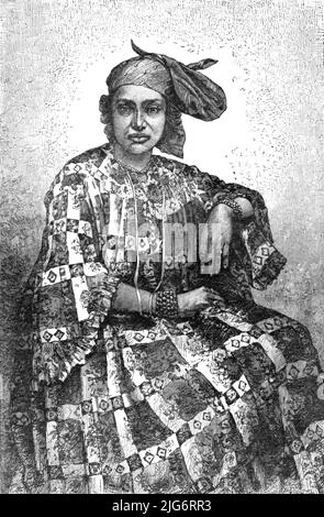 'Madecasse Lady of Sainte Marie; Recent Explorations in Madagascar', 1875. From, 'Illustrated Travels' by H.W. Bates. [Cassell, Petter, and Galpin, c1880, London] Belle Sauvage Works.London E.C. Stock Photo