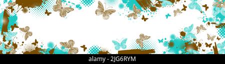 blue and brown frame with butterflies. Horizontal long floral frame. Vector illustration Stock Vector
