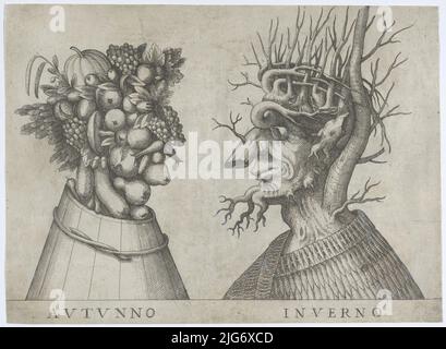 Autumn and Winter: two heads made from flora typical of those seasons, ca. 1580-1620. Stock Photo