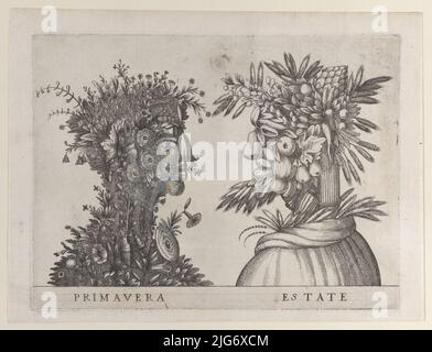 Spring and Summer: two heads made from flora typical of those seasons, ca. 1580-1620. Stock Photo