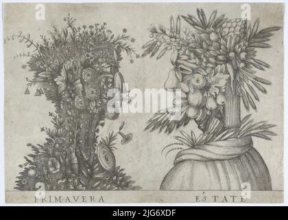 Spring and Summer: two heads made from flora typical of those seasons, ca. 1580-1620. Stock Photo