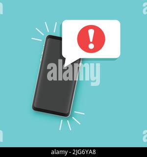 Phone notifications icon in flat style. Smartphone with exclamation point vector illustration on isolated background. Spam message sign business conce Stock Vector