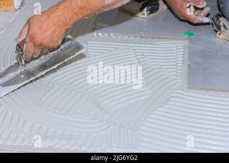 Applying wet mortar to the floor of the bathroom before applying tiles makes adhesive Stock Photo