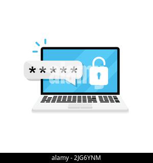 Laptop with password notification icon in flat style. Authentication vector illustration on isolated background. Login verification sign business conc Stock Vector