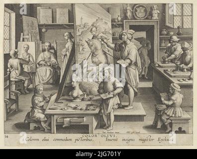 New Inventions of Modern Times [Nova Reperta], The Invention of Oil Painting, plate 14, ca. 1600. Stock Photo