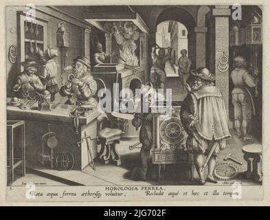 New Inventions of Modern Times [Nova Reperta], The Invention of the Clockwork, plate 5, ca. 1600. Stock Photo