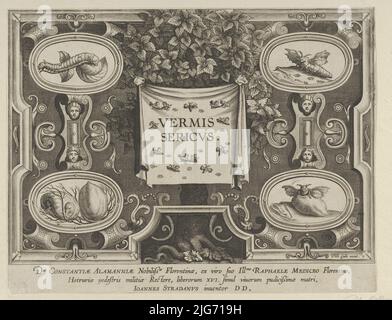 Title Plate from &quot;The Introduction of the Silkworm&quot; [Vermis Sericus], ca. 1595. Stock Photo