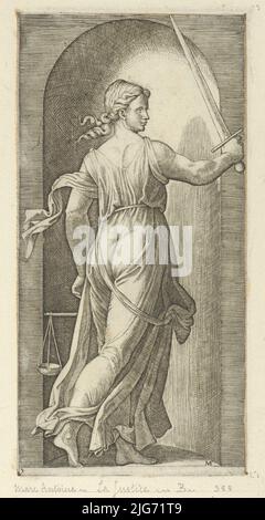 Justice personified by a young woman holding a sword in her raised right hand, scales in her left, from 'The Virtues', ca. 1515-25. Stock Photo