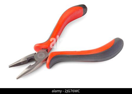Pair of pliers with red plastic handles, isolated on white background Stock Photo