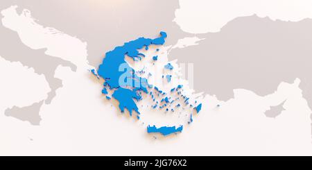 Greece map blue color on white background, above view, Outline land concept. Neighbor countries in gray color. 3d render Stock Photo