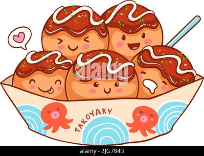 cute takoyaki characters, japanese food cartoon. Vector illustration Stock Vector