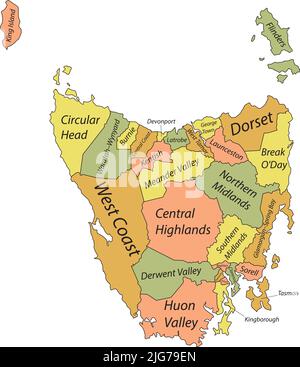 Pastel tagged map of local government areas of TASMANIA, AUSTRALIA Stock Vector