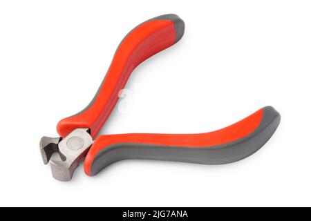 Pair of nippers with red plastic handles, isolated on white background Stock Photo
