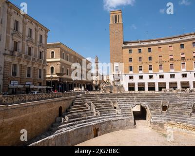 The ancient Roman amphitheater of Lecce discovered in the city center in 1901 and only partially uncovered Stock Photo