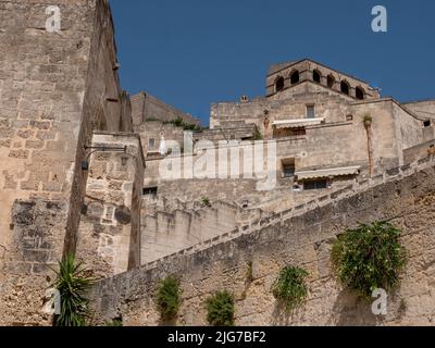 Panoramic view of the Sassi di Matera, the ancient cave dwellings and old city of Matera, Italy that dates from the Paleolithic period Stock Photo
