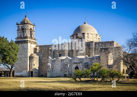 Known as the 'Queen of the Missions', Mission San Jose is the largest.  Today it is part of the San Antonio Missions National Historical Park in Texas. Stock Photo