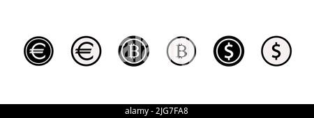 Currency vector icon set isolated on white background. Collection of currency symbols -dollar, euro, bitcoin. Stock Vector