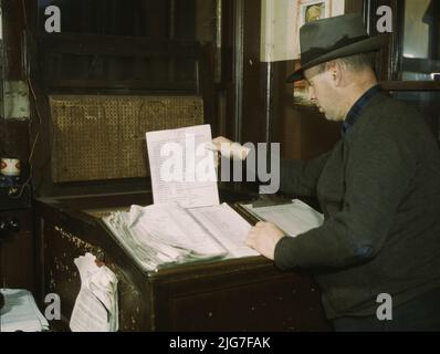 Switch lists coming in by teletype to the hump office at a Chicago and Northwestern [i.e. North Western] railroad yard, Chicago, Ill. Stock Photo