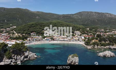 Parga, greek caribbean in preveza, famous Traditional tropical destination vacation summer tourist attraction with the deep blue ocean of ionian sea Stock Photo