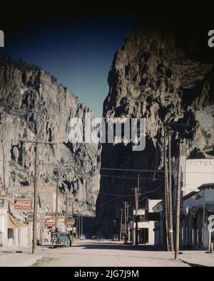 Main Street, Creede, Colorado. Photo shows the main street at the mouth of Willow Creek Canyon. Stock Photo