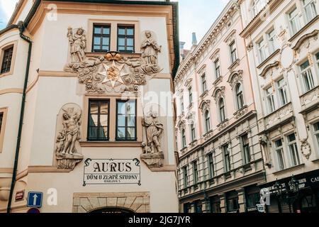 Prague, Czech Republic - July 2022. Aurus hotel in old town district. Beautiful european architecture, historical facades of traditional buildings  Stock Photo
