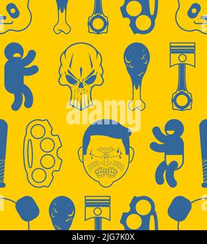 Multi pattern seamless. Piston and mammoth background. Skull and brass knuckles texture. Fashionable youth ornament Stock Vector