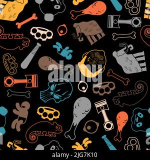 Multi pattern seamless. Piston and mammoth background. Skull and brass knuckles texture. Fashionable youth ornament Stock Vector