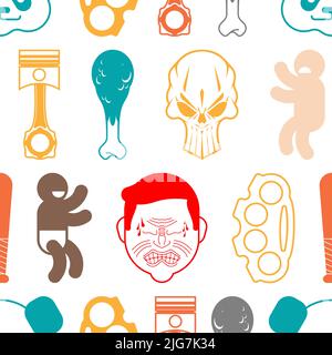 Multi pattern seamless. Piston and mammoth background. Skull and brass knuckles texture. Fashionable youth ornament Stock Vector