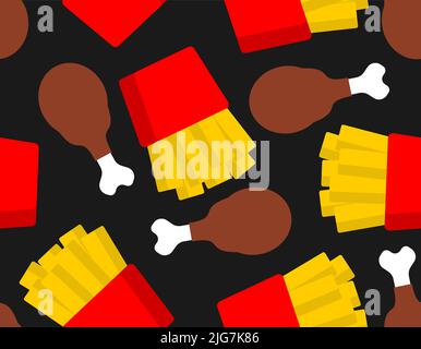 Fast food pattern seamless. French fries and fried chicken legs background. Stock Vector