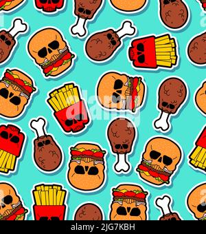 Skull fast food pattern seamless. burger and fried chicken leg and French fries background. Harmful food texture. not healthy fastfood ornament Stock Vector