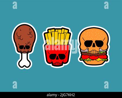 Skull fast food. burger and fried chicken leg and French fries. Harmful food. not healthy fastfood Stock Vector