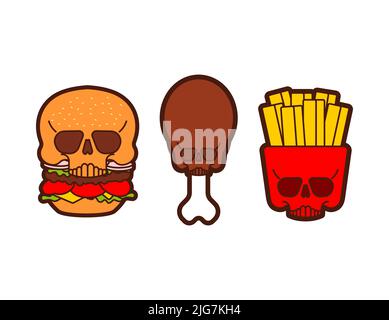 Skull fast food. burger and fried chicken leg and French fries. Harmful food. not healthy fastfood Stock Vector
