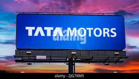 POZNAN, POL - JUN 28, 2022: Advertisement billboard displaying logo of Tata Motors, a multinational automotive manufacturing company, headquartered in Stock Photo