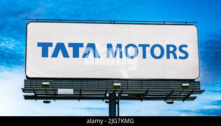 POZNAN, POL - JUN 28, 2022: Advertisement billboard displaying logo of Tata Motors, a multinational automotive manufacturing company, headquartered in Stock Photo