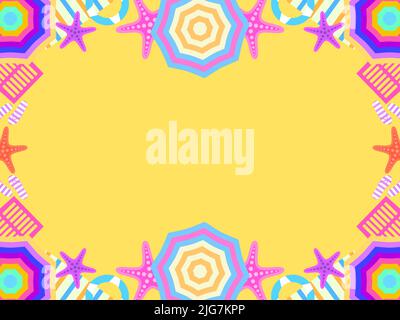 Beach frame, top view. Beach umbrellas and flip flops with starfish on the sand in flat style. Design a template for invitation, flyer and greeting ca Stock Vector