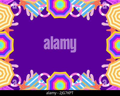 Beach frame, top view. Beach umbrellas and flip flops with starfish on violet background. Design a template for invitation, flyer and greeting card wi Stock Vector