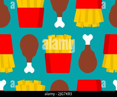 Fast food pattern seamless. French fries and fried chicken legs background. Stock Vector