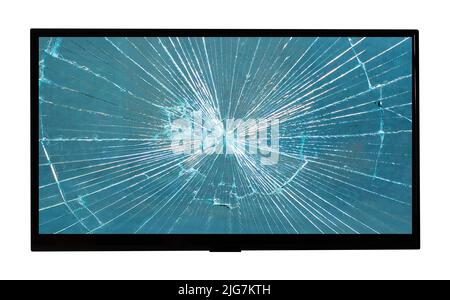 Cracks on a blue broken screen of a liquid crystal display, pc computer monitor or TV television isolated on a white background Stock Photo