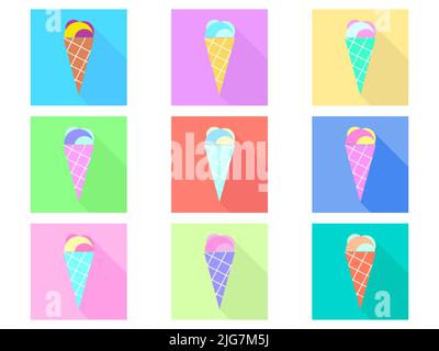 Ice cream in a waffle cone icon set. Ice cream in a flat style and different colors. Design for banners, promotional products and wrapping paper. Vect Stock Vector