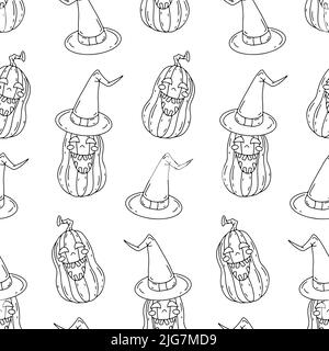 Halloween seamless pattern with line art cartoon smiling pumkins on white background Stock Vector