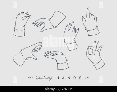 Set of curvy hands with fingers icons in different positions drawing on grey background Stock Vector