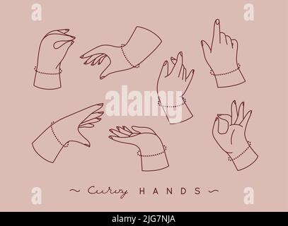 Set of curvy hands with fingers icons in different positions drawing on peach background Stock Vector