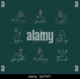 Hand symbol templates pen, branch, candle, dandelion, crystal, moon, scissors, needle, leaf in modern line style drawing on green background Stock Vector